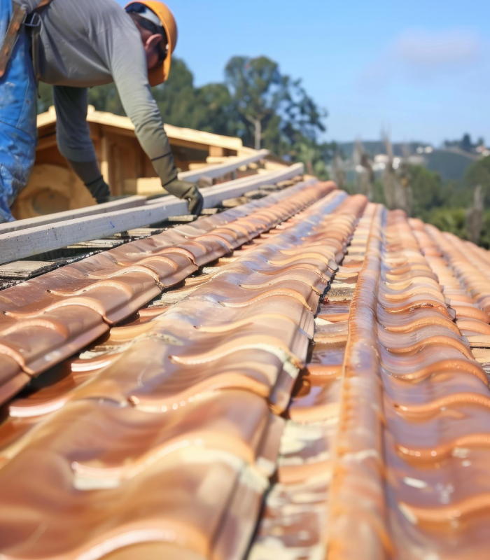 Pose et alignement de tuiles sur toiture pour travaux de couverture et entretien réalisés par BatiÉtanche